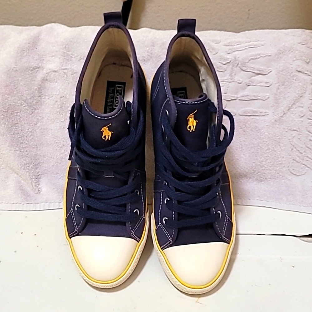 POLO Ralph Lauren canvas high tops!  Size 10.5 and are blue with yellow accents.